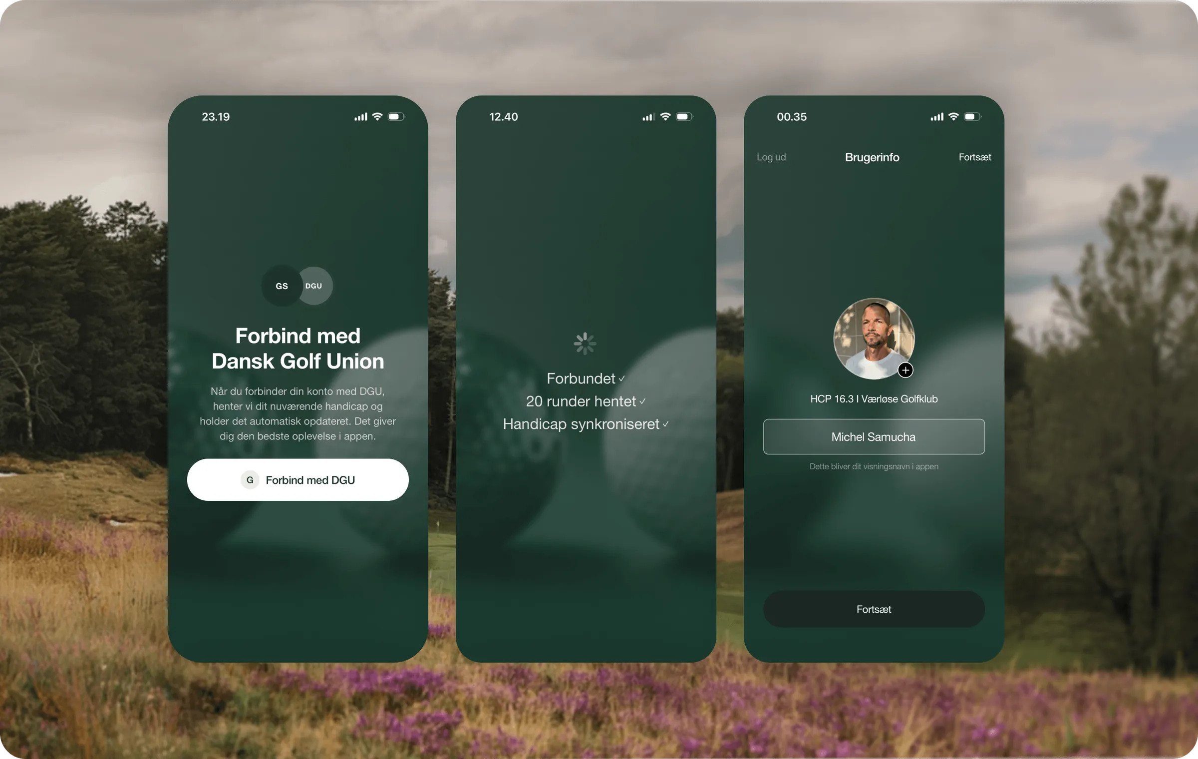 Connecting a Golfsocial account to Dansk Golf Union: the connect screen, a confirmation that the account is linked and 20 rounds were pulled in, and the finished profile with the synced handicap