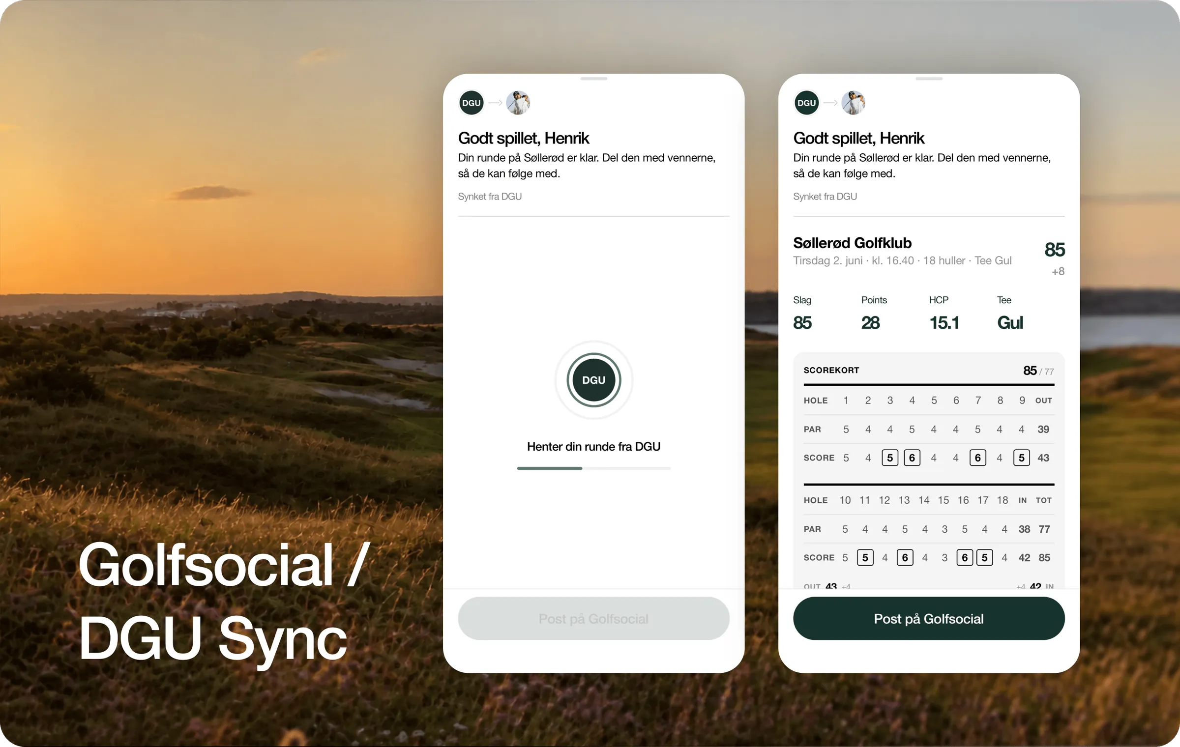 The Golfsocial sync sheet: a round pulled from DGU at Soelleroed with the full scorecard, score, points, handicap and tee, ready to post to friends with one tap